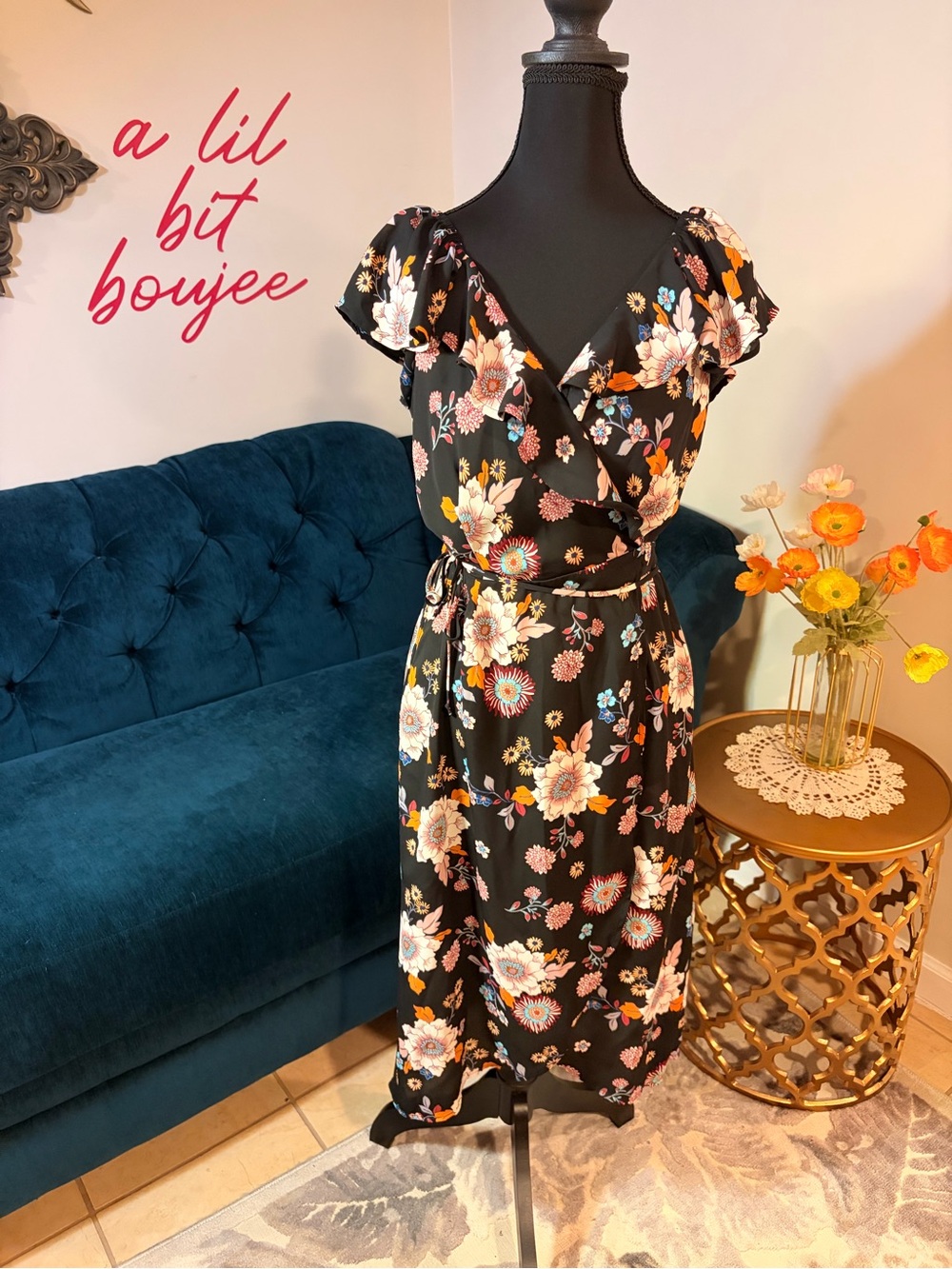 NWT Monteau Floral Faux Wrap Midi Dress Size Medium